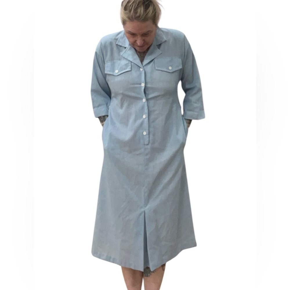 Shirt dress blue pinstriped midi shirt w/ pockets large -12